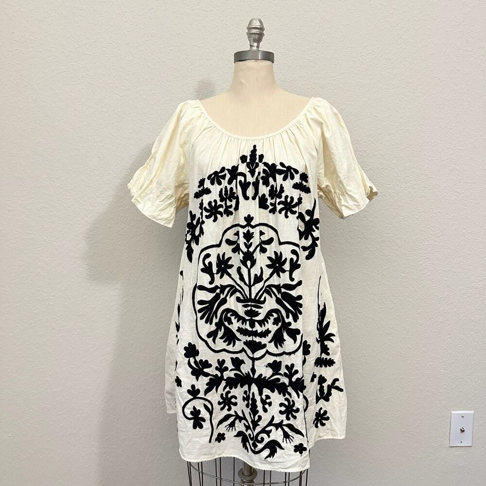 FREE PEOPLE Fiona Mini Dress Ivory Floral Embroidered Puff Sleeve